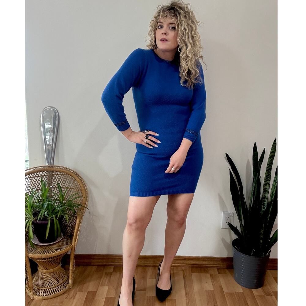 80s Blue Sequin Collar Sweater Dress size small